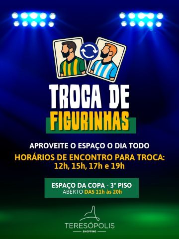 ⚽📖 Tá na missão de completar o álbum? Então o ponto de encontro já está marcado!
O Espaço da Copa no Teresópolis Shopping é o lugar certo para trocar figurinhas, encontrar outros colecionadores e chegar mais perto das páginas completas.
📍 Espaço da Copa – 3º piso
🕚 Aberto das 11h às 20h
🤝 Encontros para troca às 12h, 15h, 17h e 19h
Chame a galera, traga suas repetidas e venha trocar com a gente! 🙌⚽📚