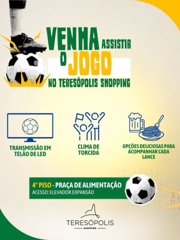 ⚽📺 O jogo fica ainda melhor quando a torcida se reúne!
Venha assistir à transmissão no telão de LED do Teresópolis Shopping e viva cada lance em clima de arquibancada. Aproveite também as opções da Praça de Alimentação para completar a experiência.
📍 4º piso – Praça de Alimentação (acesso pelo elevador da expansão).
Chama a galera e vem torcer com a gente! 🇧🇷