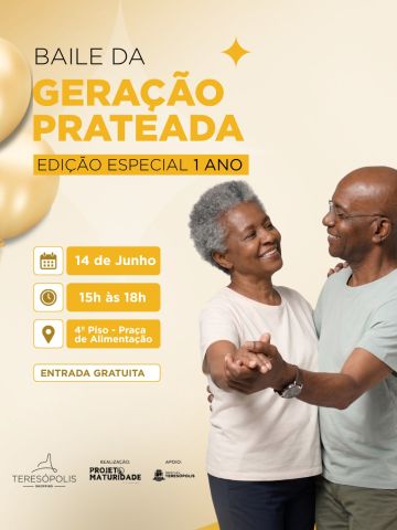 O Baile da Geração Prateada completa 1 ano de muita música, dança e convivência no Teresópolis Shopping, e essa edição promete ser ainda mais especial.
Um convite para celebrar a alegria da melhor idade em um ambiente acolhedor, cheio de energia e boas companhias.
📅 14 de junho
⏰ Das 15h às 18h
📍 Praça de Alimentação – 4º piso
Esperamos você para comemorar com a gente!