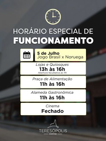 Neste domingo (05/07), o Teresópolis Shopping terá horário especial de funcionamento por conta da transmissão de Brasil x Noruega.
Confira os horários e programe a sua visita! 💚💛
