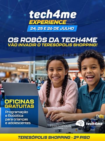 Prepare-se para viver uma experiência cheia de inovação!
Nos dias 24, 25 e 26 de julho, 13h às 20h, os robôs da Tech4Me vão invadir o Teresópolis Shopping com oficinas gratuitas de programação e robótica para crianças e adolescentes a partir de 7 anos.
É a oportunidade perfeita para aprender, criar, explorar a tecnologia e se divertir em uma experiência interativa que desperta a criatividade e o raciocínio lógico.
As vagas são limitadas. Garanta a sua inscrição e venha fazer parte dessa aventura tecnológica!
📍 2º Piso | Teresópolis Shopping