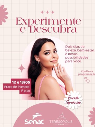 Teresópolis Shopping recebe o evento “Experimente e Descubra”, em parceria com o Senac, com atividades gratuitas de beleza, bem-estar, saúde e fotografia.
Tem design de sobrancelhas, maquiagem fast, spa das mãos, auriculoterapia, aromaterapia, massoterapia, aferição de pressão arterial e muito mais!
📍 Praça de Eventos – 1º piso
🕐 Confira a programação completa nas artes e participe!