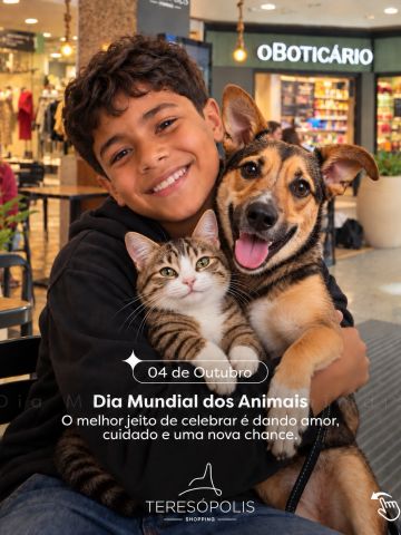 Neste Dia Mundial dos Animais, o melhor jeito de celebrar é transformando carinho em uma nova chance. 🐾💛
E para quem está pronto para ganhar um novo melhor amigo, a Feira de Adoção Pet chega ao Teresópolis Shopping com muitos peludos esperando por uma família!
📅 06 e 07/10 – CopBea
📅 08 e 09/10 – Anjos e Peludos
⏰ Das 11h às 17h
📍 1º Piso
Adote amor, adote um pet e comece uma nova história. 🐶🐱