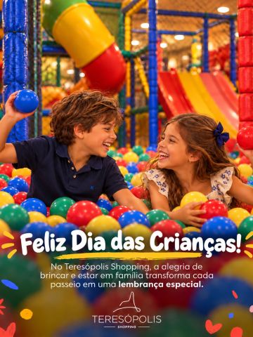 Ser criança é descobrir o mundo com curiosidade, transformar pequenos momentos em grandes aventuras e encontrar alegria nas coisas mais simples. 💛✨
Neste Dia das Crianças, o Teresópolis Shopping deseja um dia repleto de sorrisos, brincadeiras e momentos especiais para os pequenos e suas famílias.
Feliz Dia das Crianças! 🎈